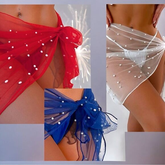 4th Sale l 3 Sarongs l Red, White, Blue l Pearl Embellishment l OS l New - Picture 1 of 7